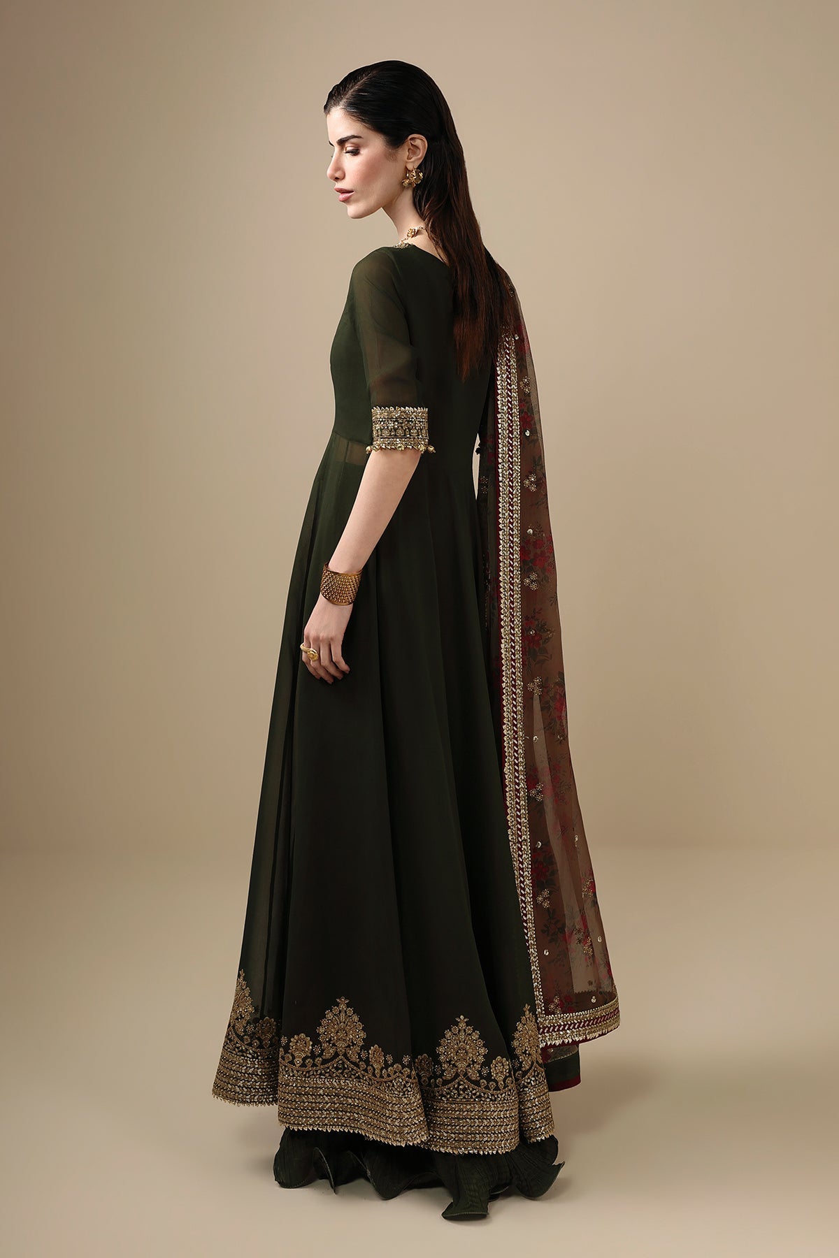 Jazmin UC-3121 three-piece chiffon formal with crushed raw silk trouser