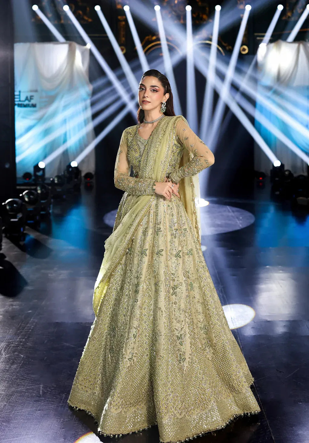 Mint Majesty by Elaf Stardom ’25 features hand-embroidered organza-poly net panels, elegant dupatta, and raw silk inner — perfect for festive and formal events.