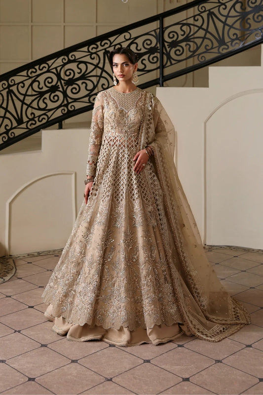 Luxurious hand-embellished organza dress with detailed panels, embroidered dupatta, Russian grip inner, and raw silk lehenga fabric for a regal ensemble.