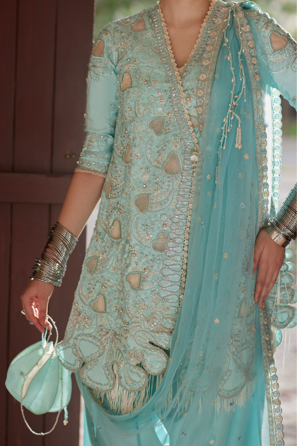 Aks by Soraya – cutwork hand embellishment on blue Chanderi silk