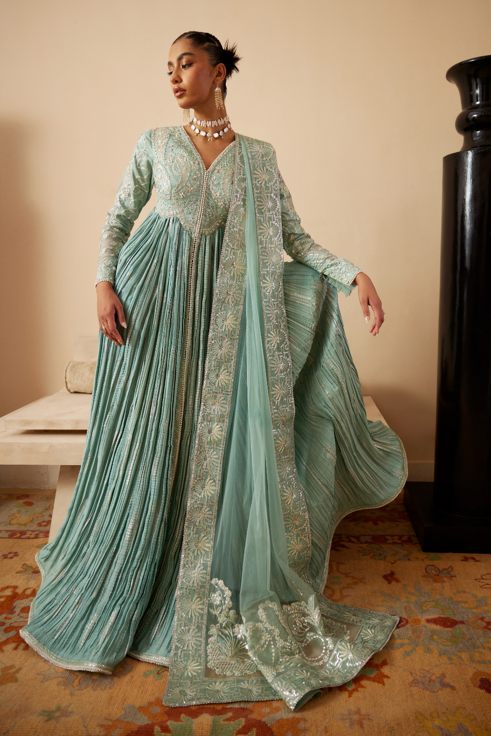Aveline by Soraya – hand embellished blue pishwas with cinched waist