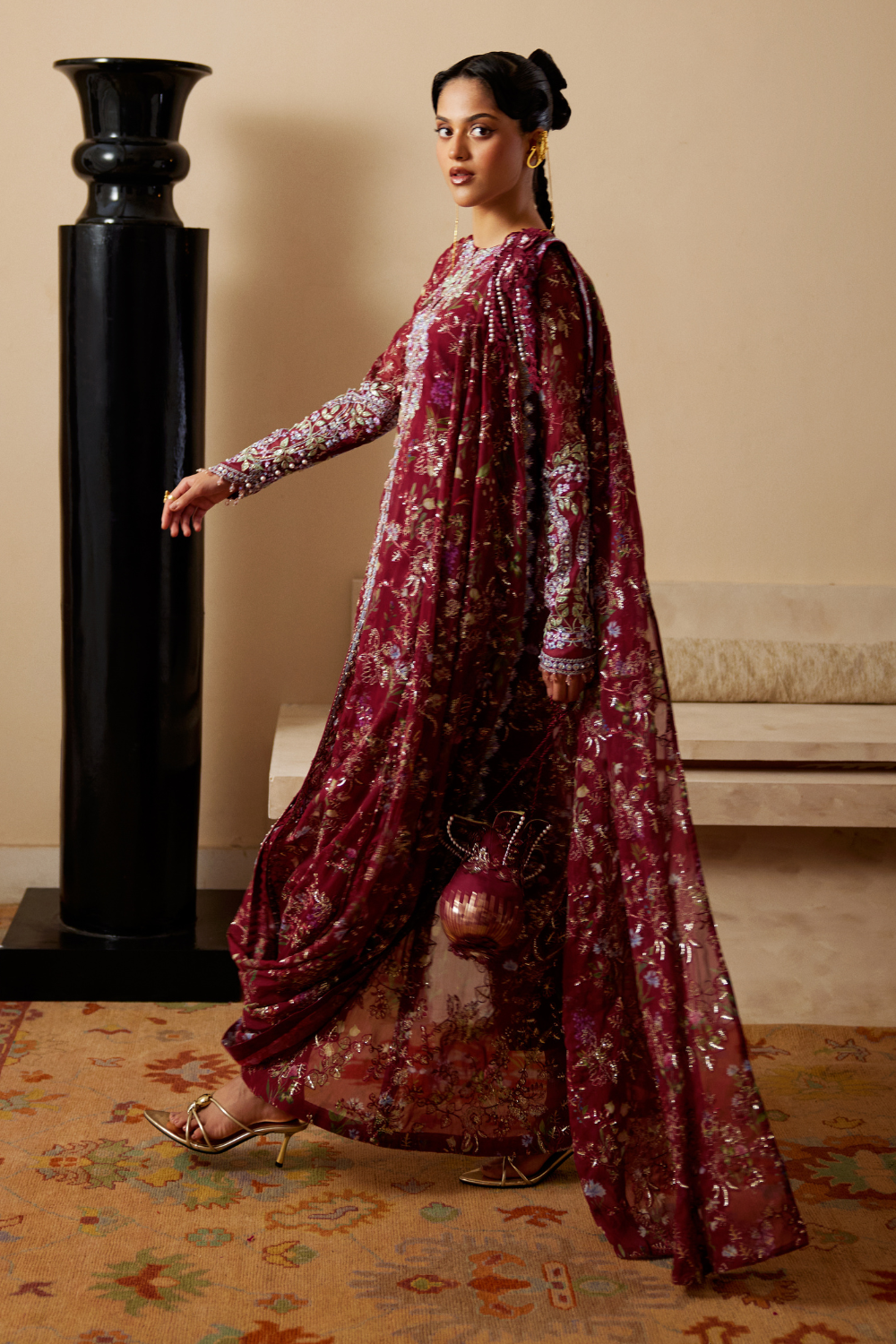 Saaz by Soraya – hand embellished cherry red chiffon three-piece