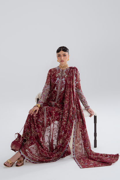 Saaz cherry red Pakistani festive wear by Soraya, UK
