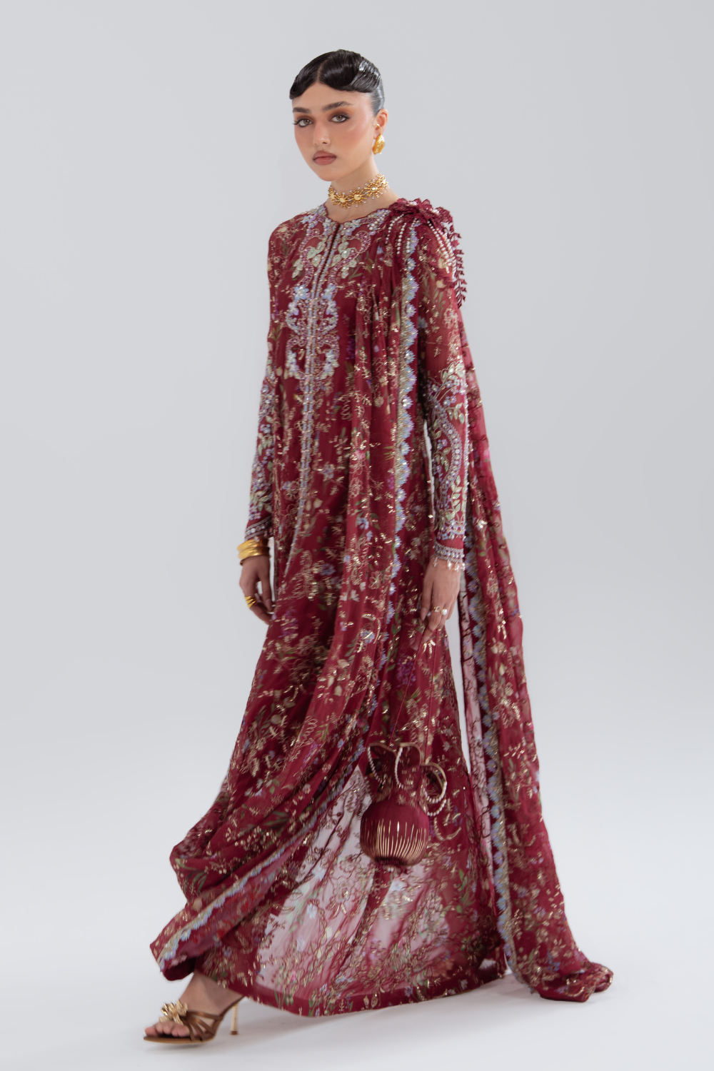 Soraya Saaz cherry red printed chiffon draped jacket – Silk Edit'26