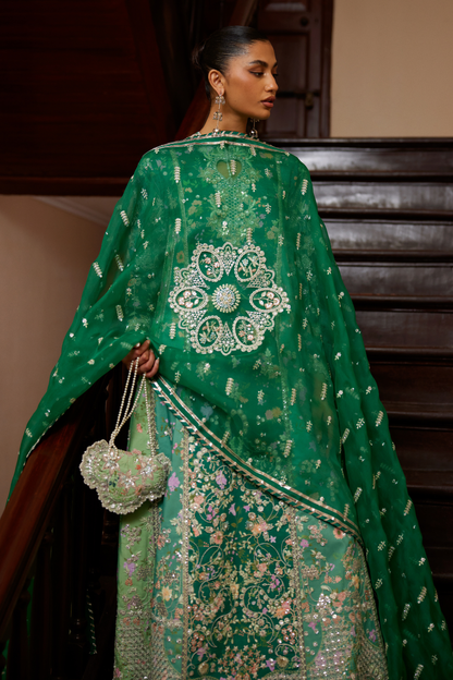Sorelle by Soraya – green printed silk with heart-shaped keyhole neckline