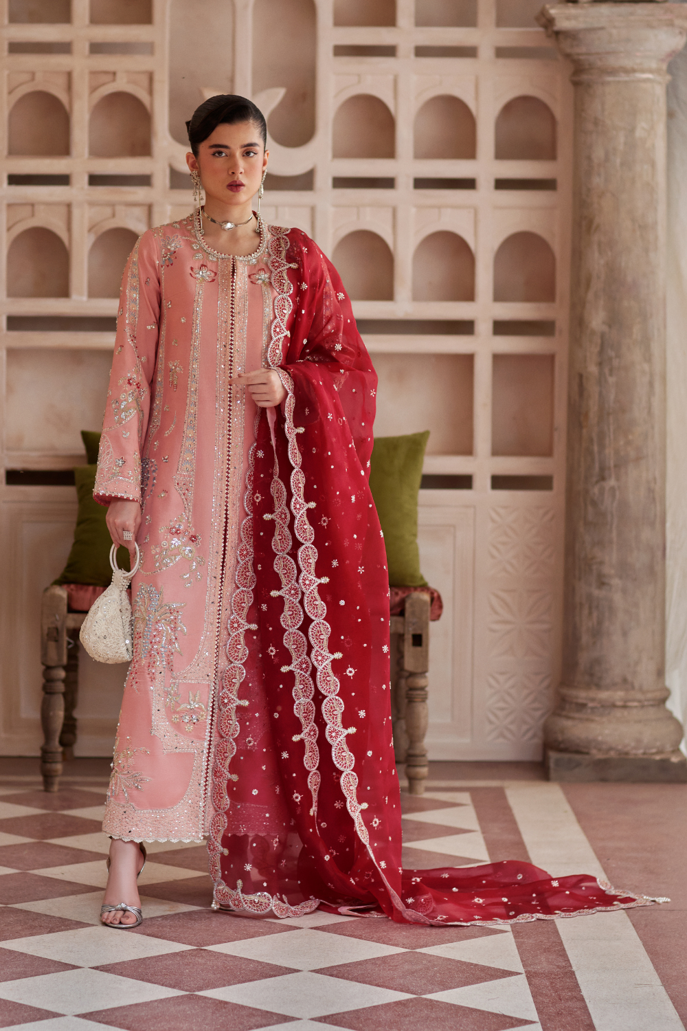Soraya Mireya pink silk outfit with coral red dupatta – Silk Edit'26