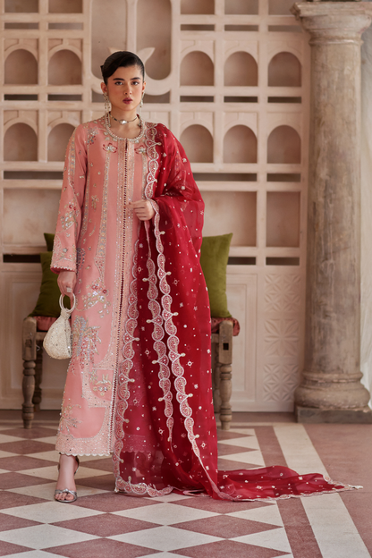 Soraya Mireya pink silk outfit with coral red dupatta – Silk Edit'26