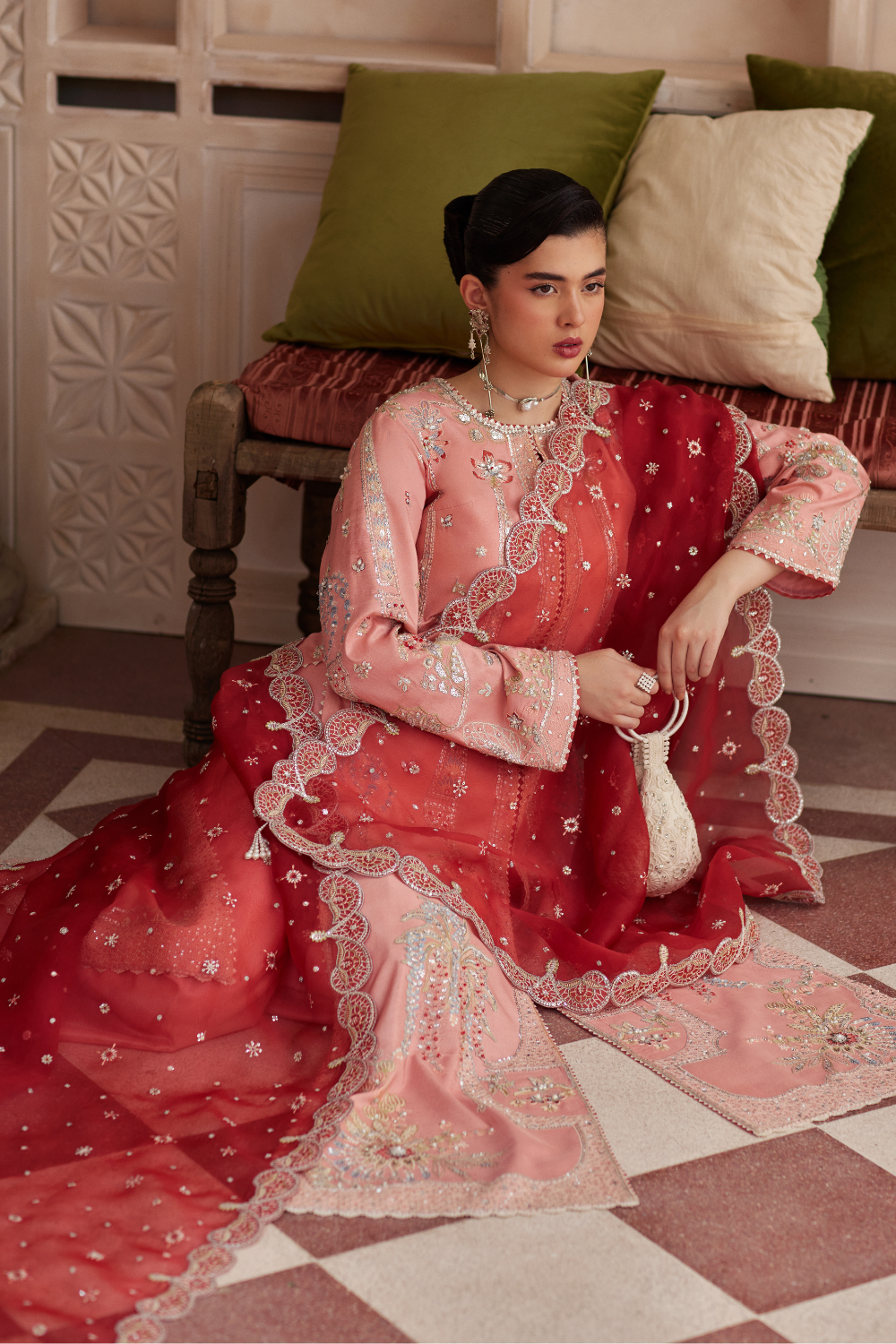 Soraya Mireya with coral red soft organza dupatta and silk pants
