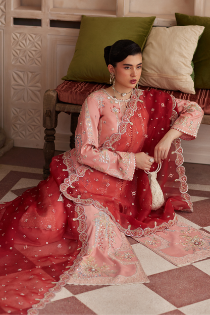 Soraya Mireya with coral red soft organza dupatta and silk pants