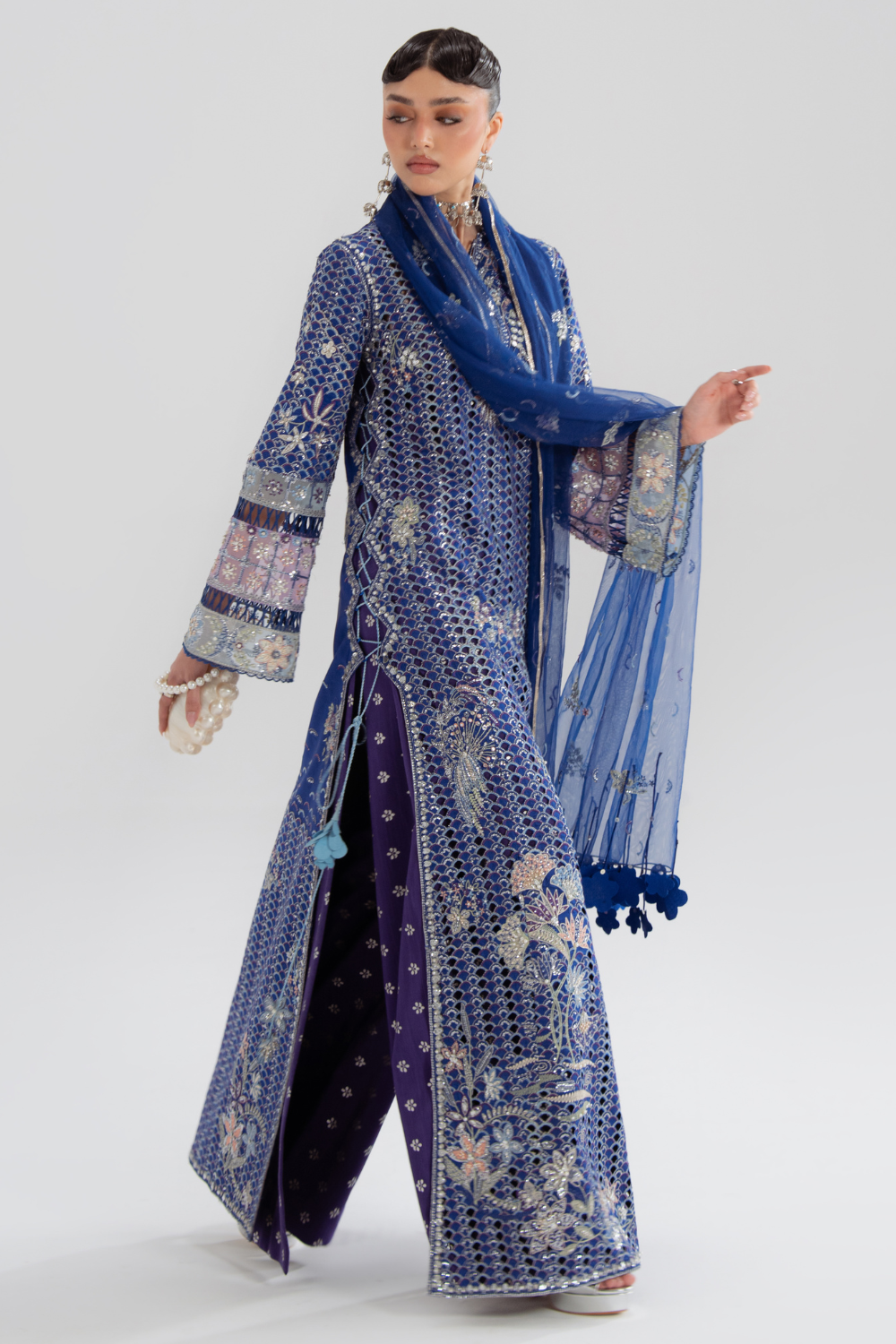 Évara by Soraya – blue silk cutwork layer over printed purple silk