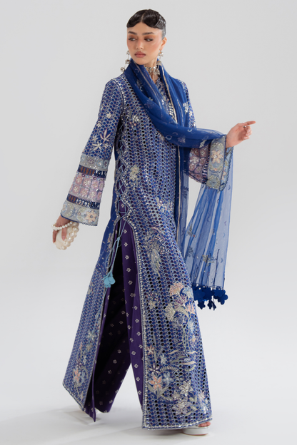 Évara by Soraya – blue silk cutwork layer over printed purple silk