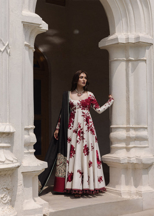 Hussain Rehar Gulnar ivory pashwas with crimson floral embroidery