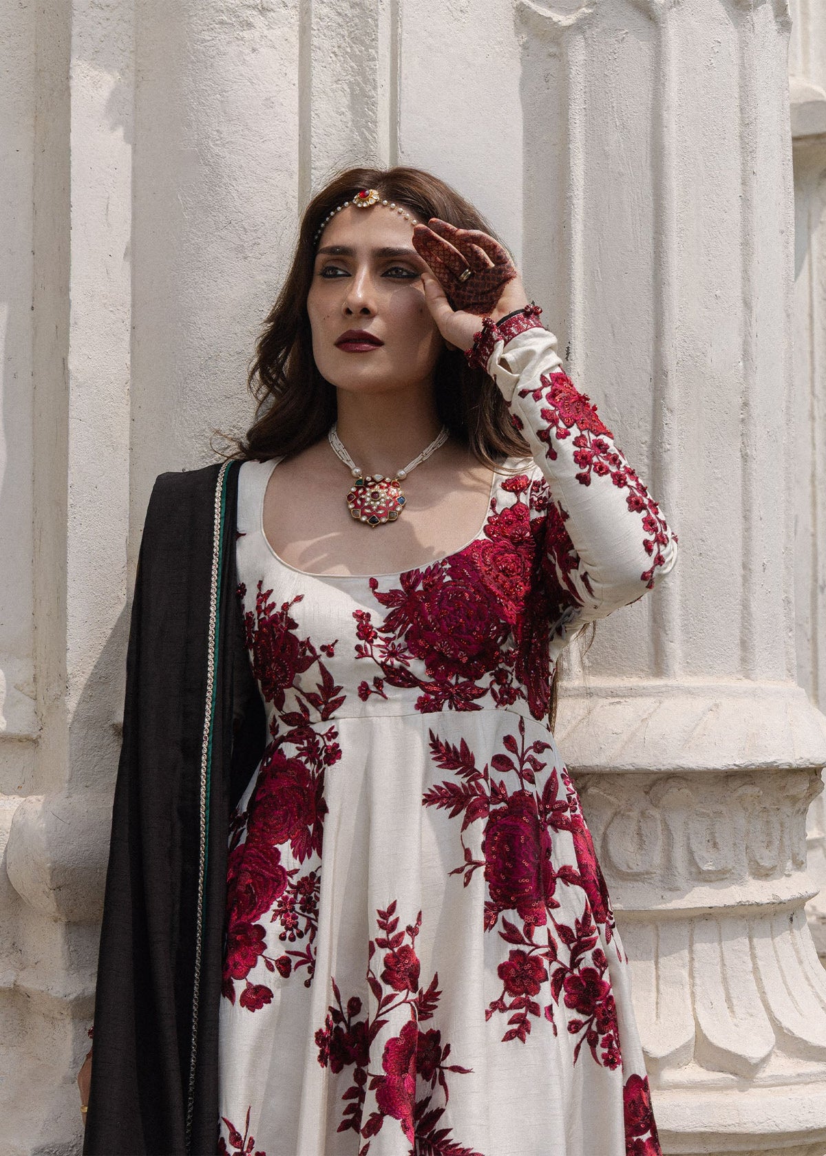 Hussain Rehar Gulnar ivory flared pashwas with black and gold shawl dupatta