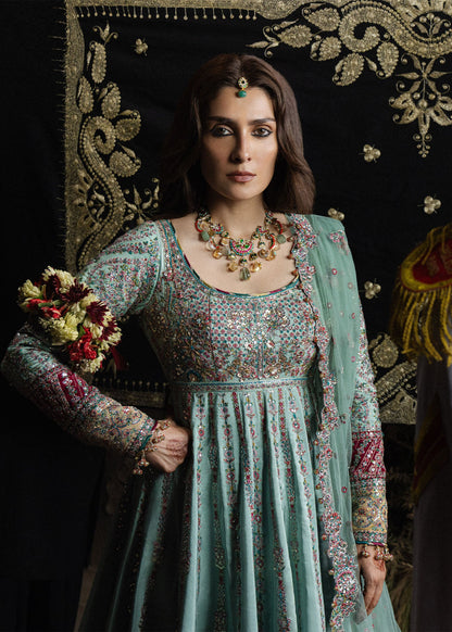 Hussain Rehar Zeenat aqua pashwas with colour-blocked hem and fuchsia churidar