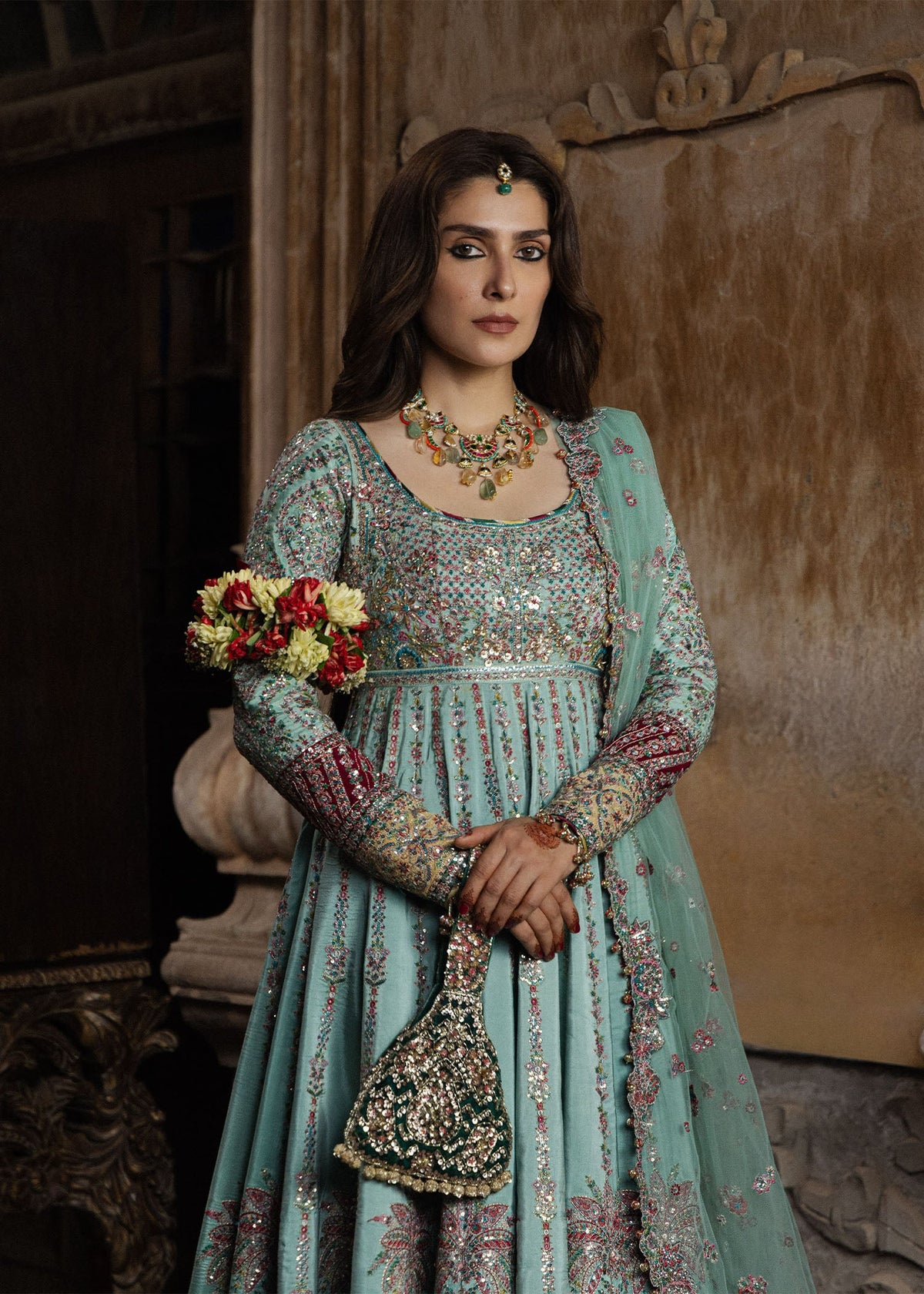 Hussain Rehar Zeenat lemon, green and pink hem border detail