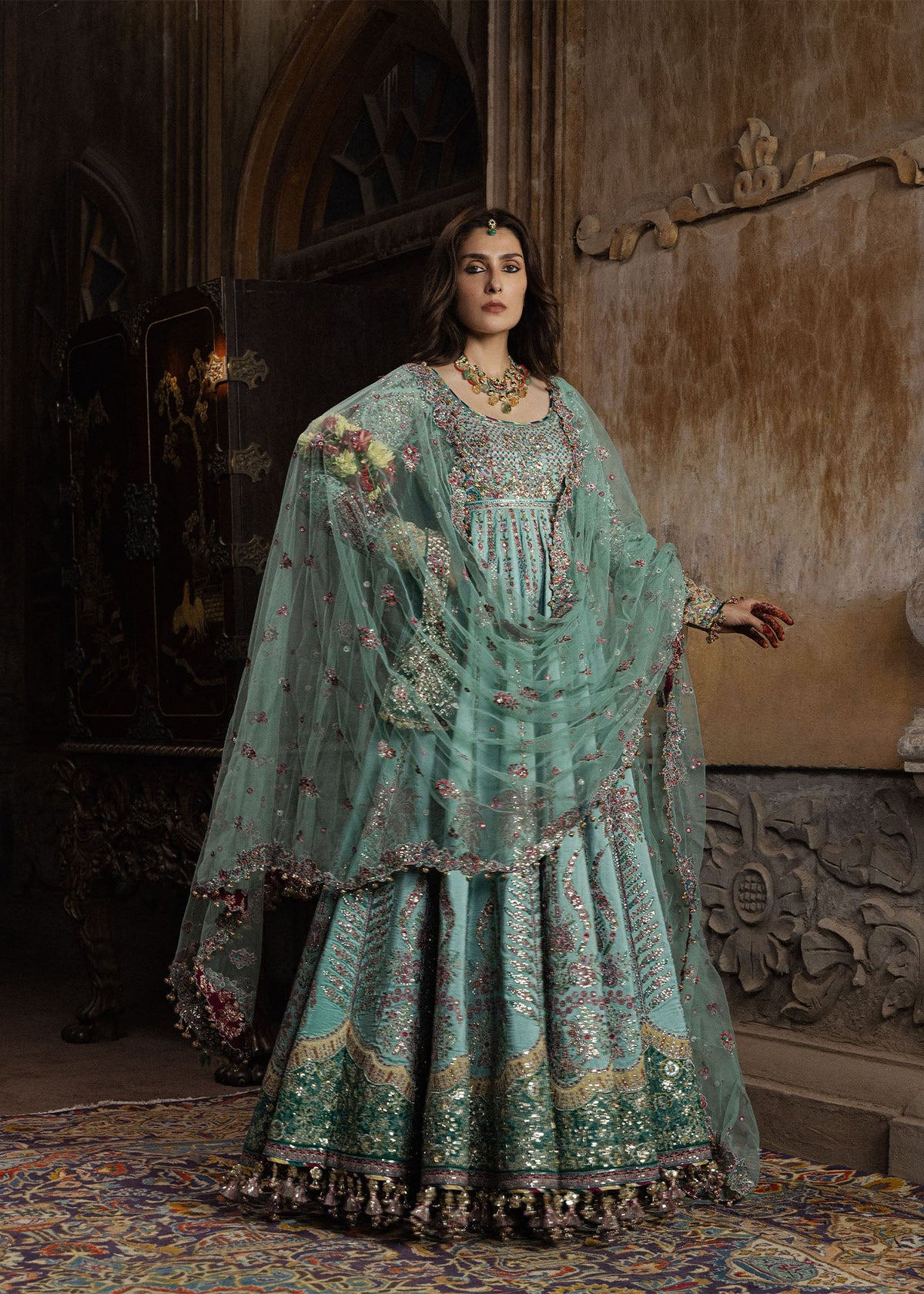 Hussain Rehar Zeenat aqua green embroidered pashwas