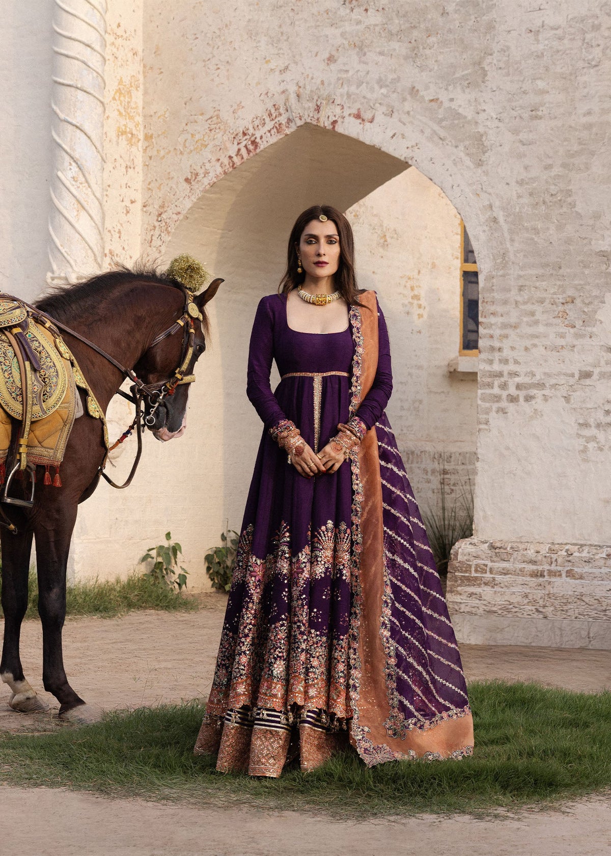 Hussain Rehar Shabnam plum pashwas with sharara and peach-accent dupatta