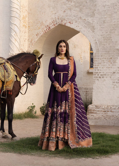 Hussain Rehar Shabnam plum pashwas with sharara and peach-accent dupatta