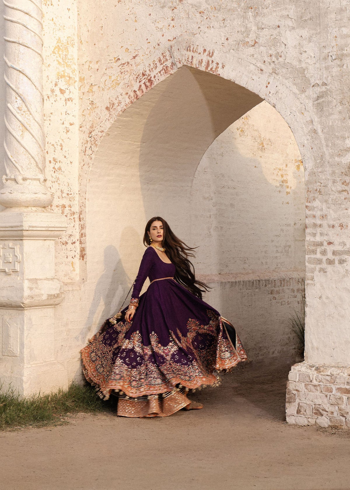 Hussain Rehar Shabnam antique gold and peach embroidery detail