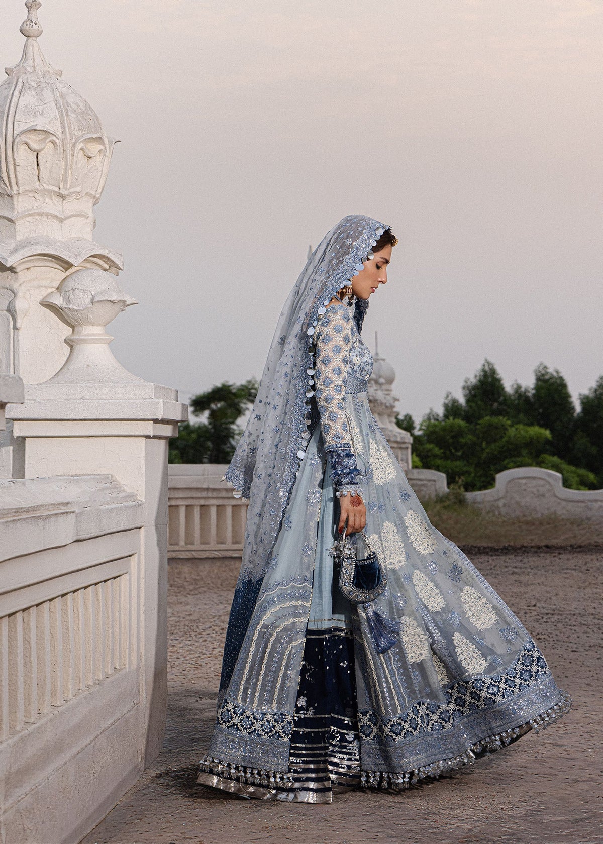 Hussain Rehar Mehtab ice blue pashwas with colour-blocked sharara
