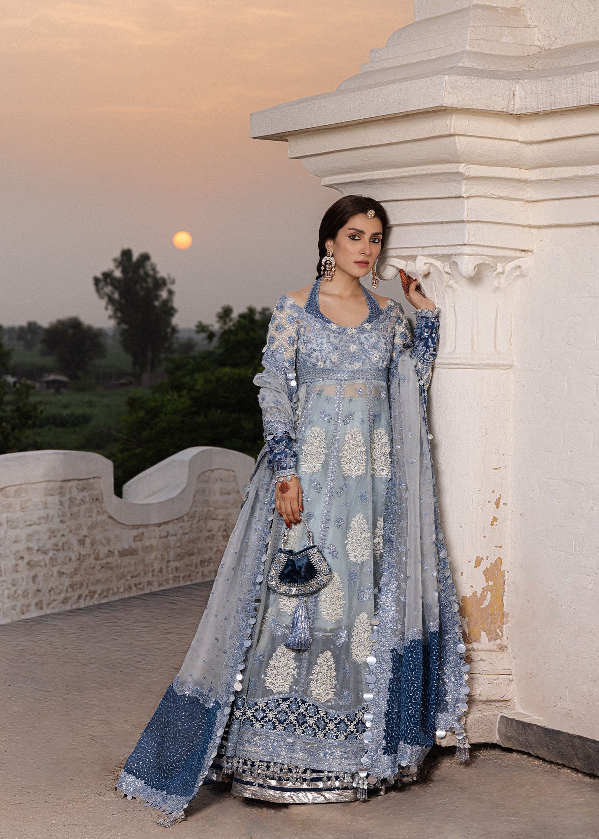 Hussain Rehar Mehtab ice blue side-open embroidered organza pashwas