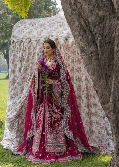 Hussain Rehar Sher Bano fuchsia jacket and flared lehenga, full-length view