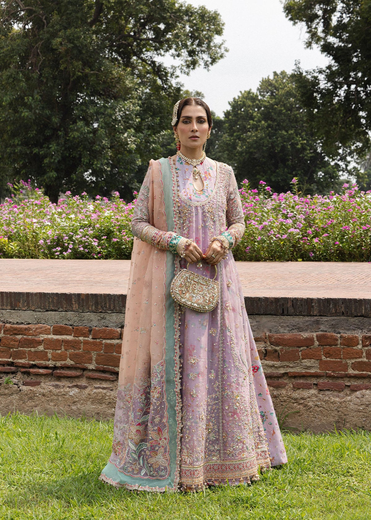 Hussain Rehar Gulrang lilac embroidered organza A-line dress