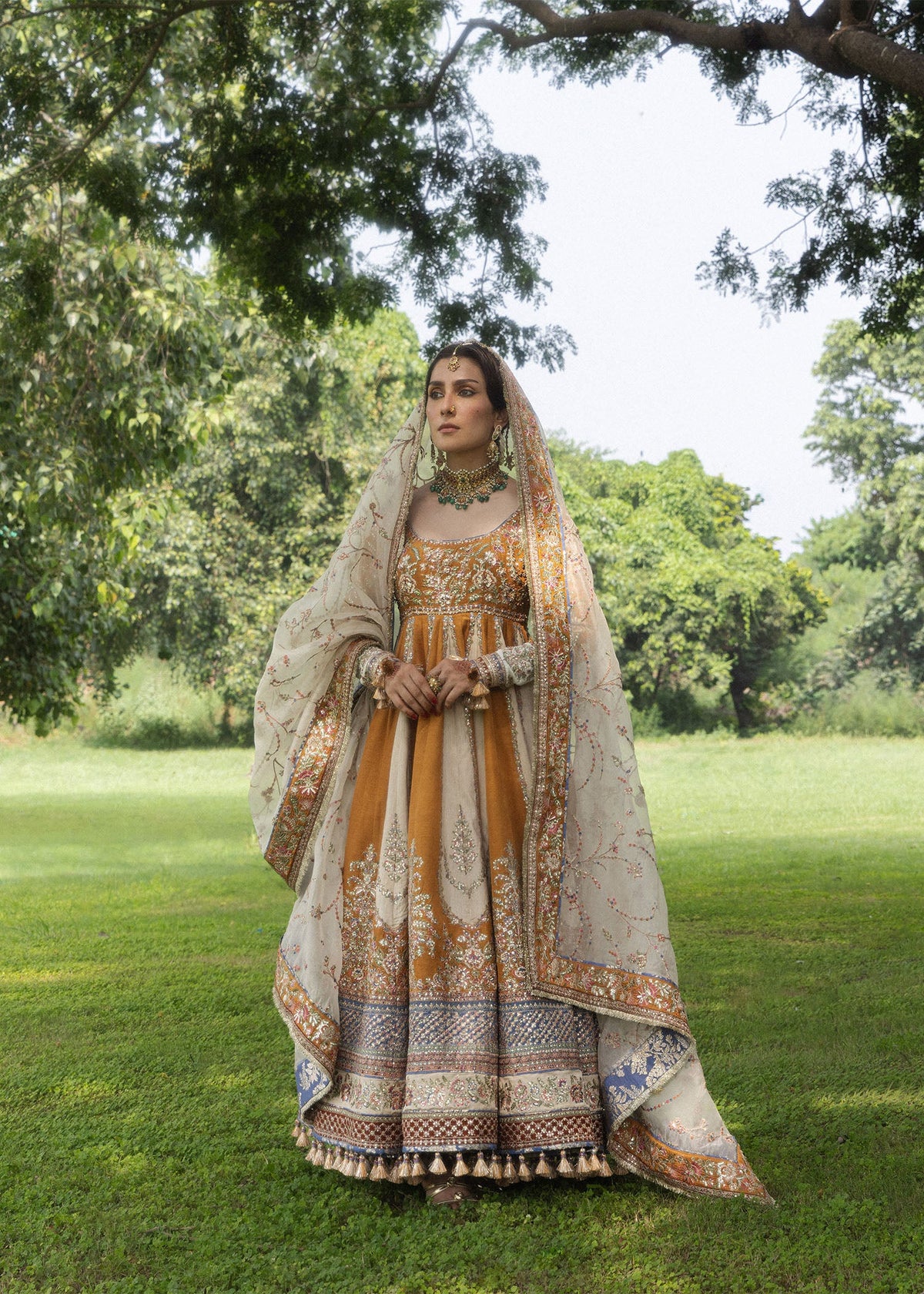 Hussain Rehar Mehru indigo, ivory and rust hem borders