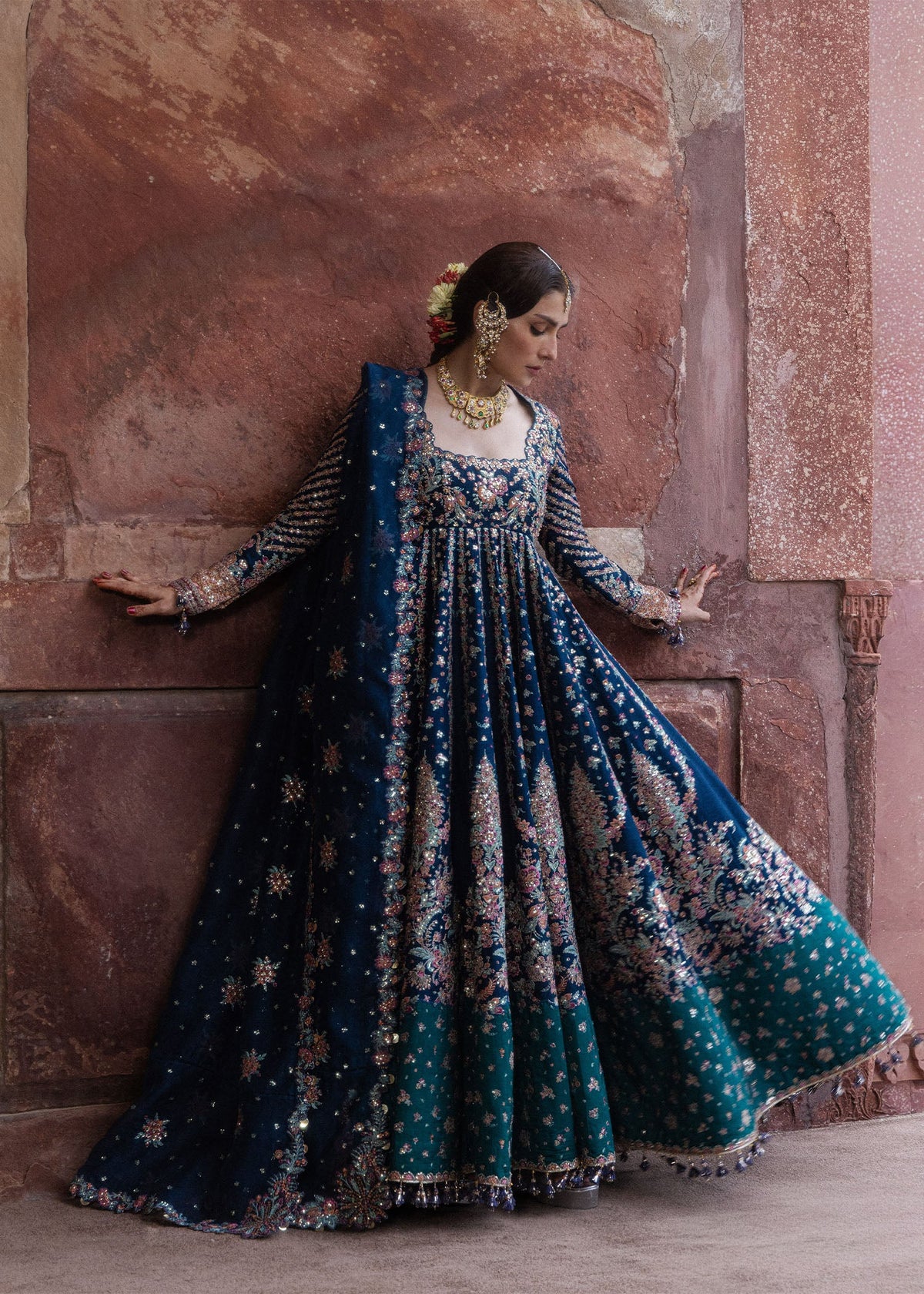 Hussain Rehar Dill Afroz teal blue embroidered pashwas with emerald colour blocking