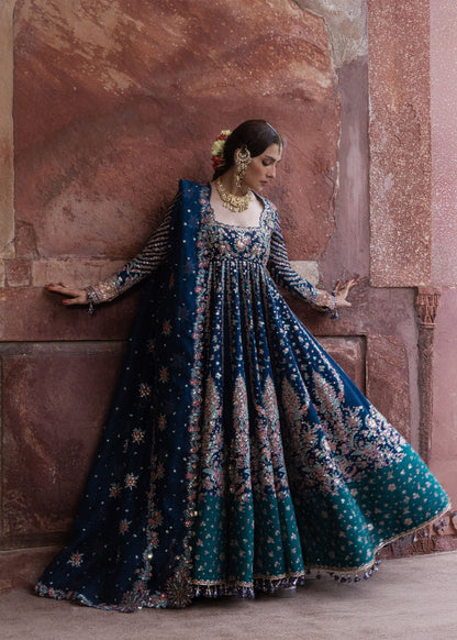 Hussain Rehar Dill Afroz teal blue embroidered pashwas with emerald colour blocking