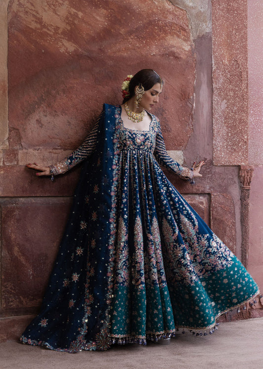Hussain Rehar Dill Afroz teal blue embroidered pashwas with emerald colour blocking