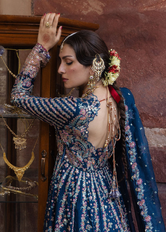 Hussain Rehar Dill Afroz teal pashwas with peach churidar and organza dupatta