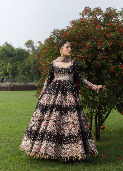 Hussain Rehar Shahnoor black pashwas with pink embroidery