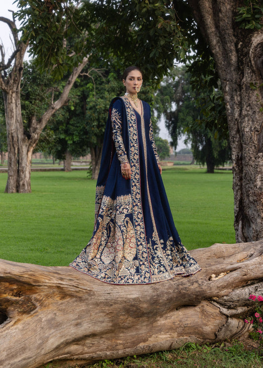 Hussain Rehar Neelum midnight blue front-open embroidered pashwas