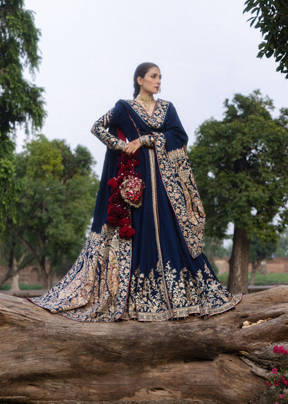 Hussain Rehar Neelum midnight blue pashwas with Mughal botanical embroidery