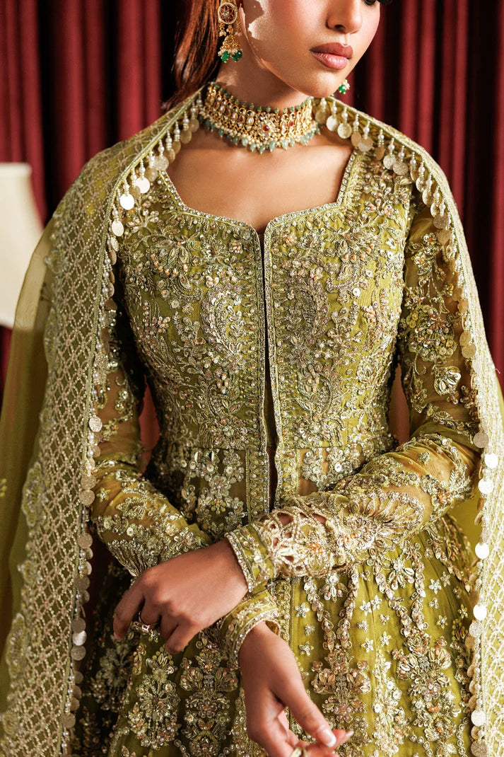Shop elegant organza embroidered lehenga with hand embellished panels, sleeves & dupatta. Includes matt raw silk lehenga and inner fabric.
