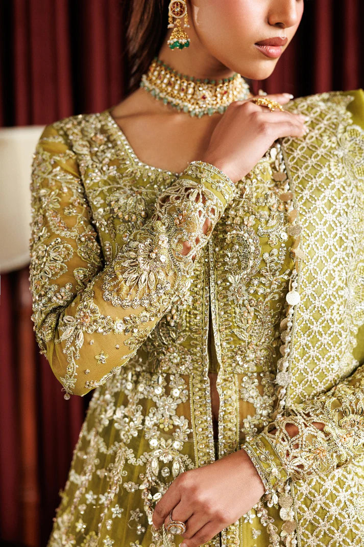 Shop elegant organza embroidered lehenga with hand embellished panels, sleeves & dupatta. Includes matt raw silk lehenga and inner fabric.