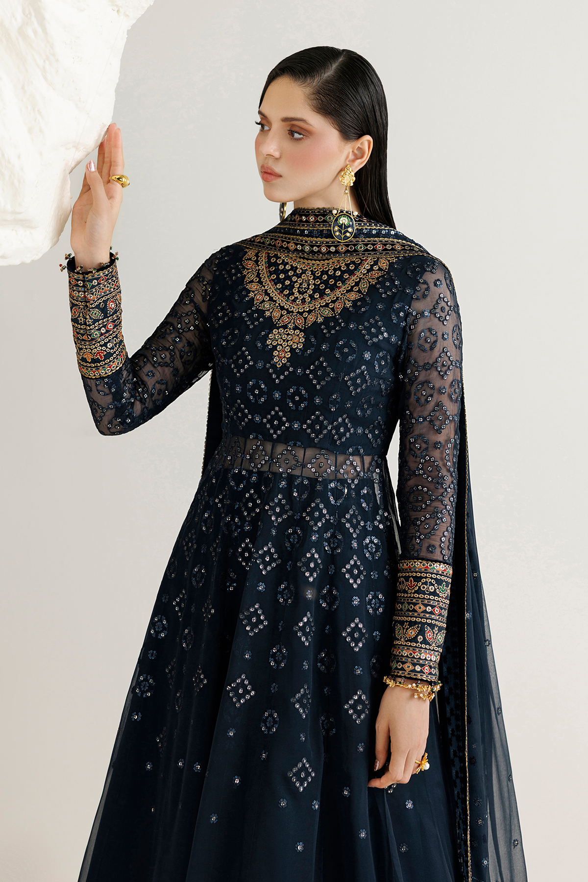 Jazmin UC-3144 three-piece chiffon formal with raw silk trouser