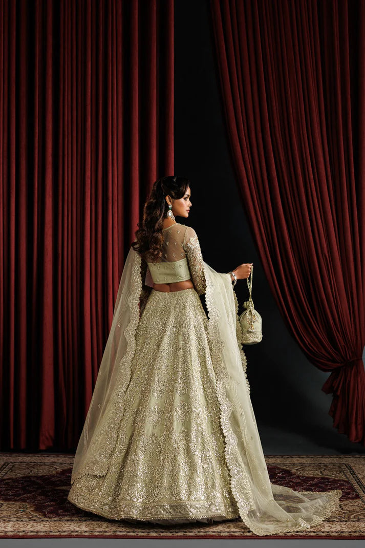 Elegant net embroidered lehenga with hand embellished panels & sleeves. Includes organza dupatta, kalli border and 6 yards inner fabric.