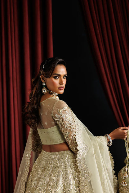 Elegant net embroidered lehenga with hand embellished panels & sleeves. Includes organza dupatta, kalli border and 6 yards inner fabric.