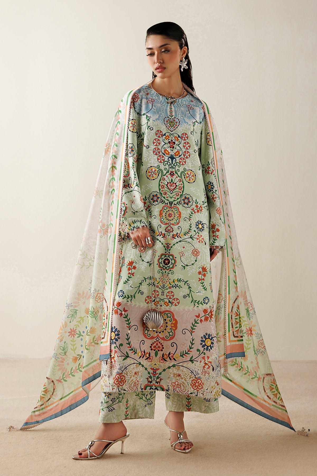 Jazmin OR26-D10 three-piece printed raw silk formal