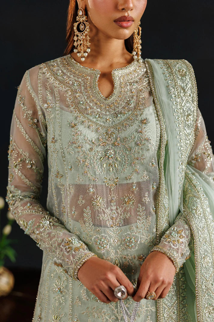 Elegant organza embroidered dress with hand embellished front, sleeves & borders. Includes embroidered dupatta, raw silk trouser and inner fabric.