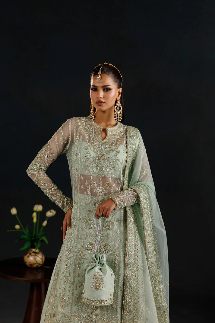 Elegant organza embroidered dress with hand embellished front, sleeves & borders. Includes embroidered dupatta, raw silk trouser and inner fabric.