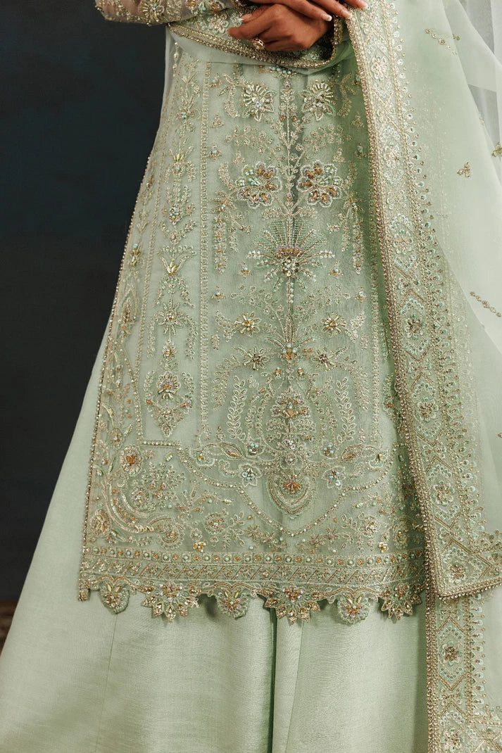 Elegant organza embroidered dress with hand embellished front, sleeves & borders. Includes embroidered dupatta, raw silk trouser and inner fabric.