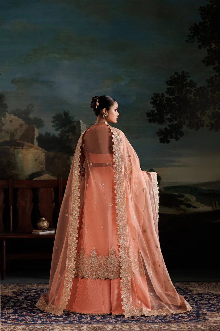 Elegant organza embroidered dress with hand embellished panels, sleeves & borders. Includes dupatta, raw silk trouser and inner fabric.