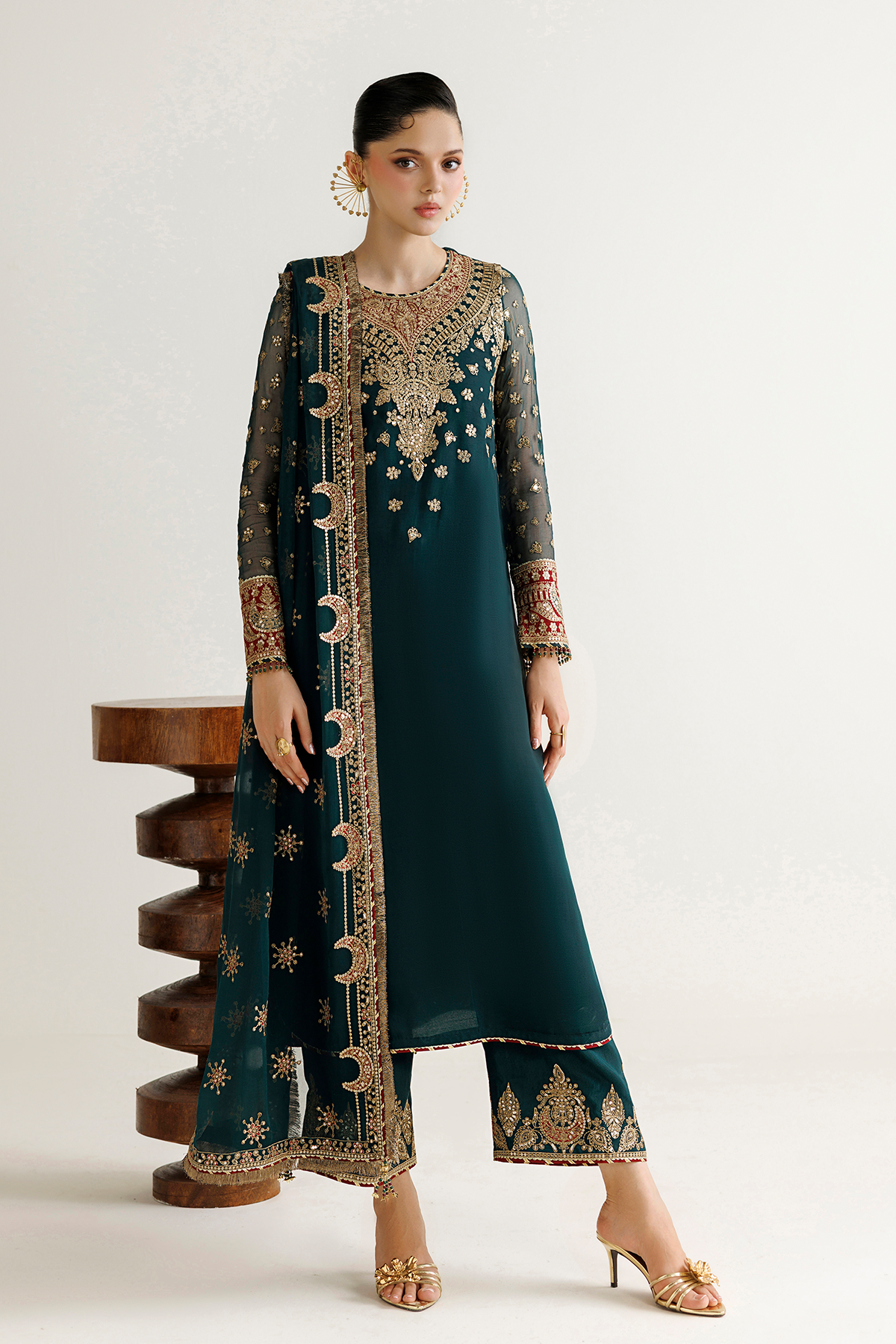 Jazmin UC-3139 three-piece chiffon formal with embroidered raw silk trouser