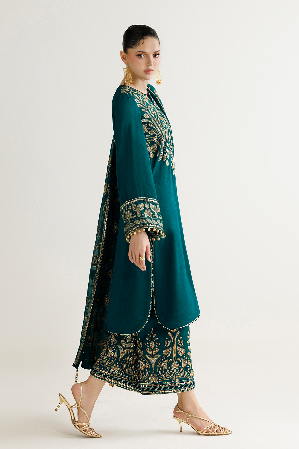 Jazmin UR-7092 raw silk formal with velvet-bordered chiffon dupatta