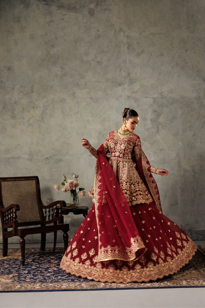Stunning organza embroidered lehenga dress with hand embellished front, sleeves & panels. Includes dupatta, kalliyan and 8 yards inner fabric.
