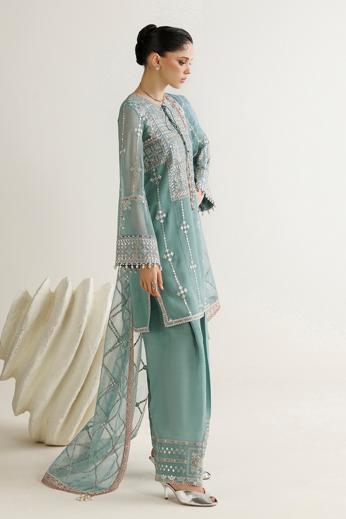 Jazmin UC-3138 three-piece chiffon formal with raw silk trouser