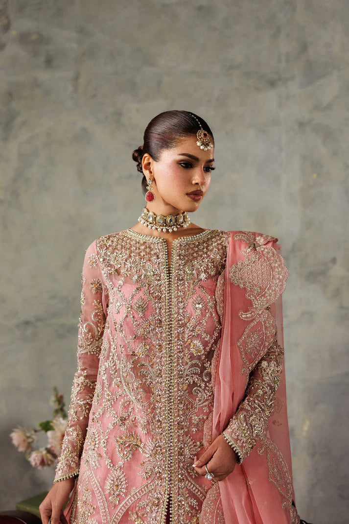 Luxury organza embroidered lehenga with hand embellished panels, sleeves & chok patti. Includes dupatta pallu patti and 8 yards inner fabric.